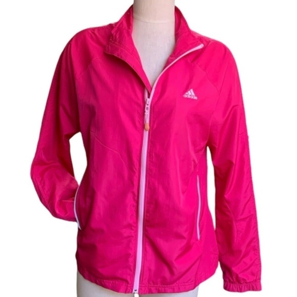 Adidas Womens Windbreaker Zip Jacket Pink & White Stripe Sz L Zip Pocket #256B - Picture 1 of 9